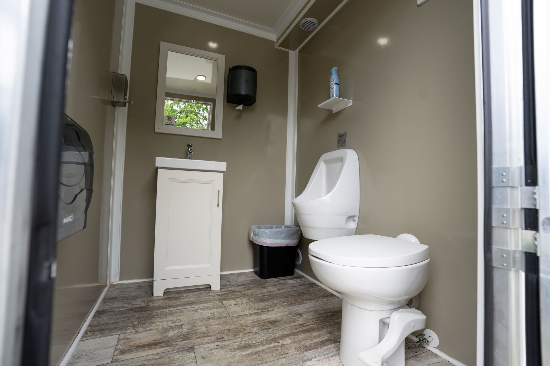Interior hallway of the VIPee luxury restroom trailer